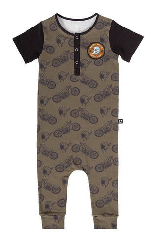 Boy's Short Sleeve Henley Rag Romper - Moto Patch - Teak Moto Baby One-Pieces