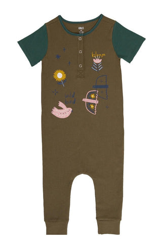 Boy's Short Sleeve Henley Rag Romper - Wild Bird - Capers Baby One-Pieces