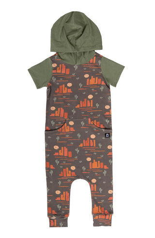 Rags Boys Short Sleeve Hooded Faux Pocket Rag Romper - Desert Landscape - Taupe