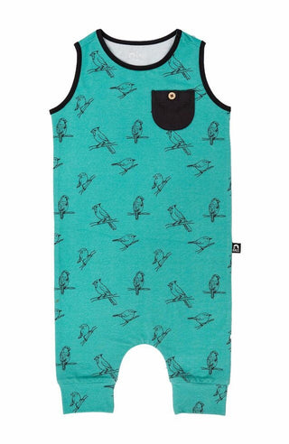 Boy's Tank Pocket with Button Capri Rag Romper, Spring Birds - Turquoise Baby One-Pieces