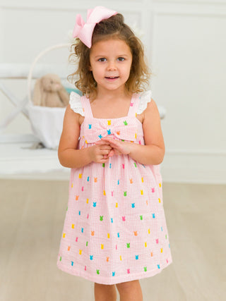 Cotton Gauze Flutter Sleeve Bow Front Woven Dress - Pink Bunny Stripe