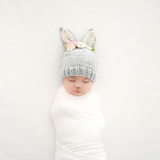 The Blueberry Hill Girls Bailey Bunny with Flowers Hand Knit Hat - Grey and White