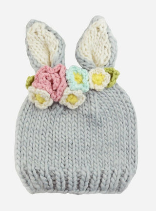 Girl's Bailey Bunny with Flowers Hand Knit Hat - Grey & White Baby & Toddler Hats