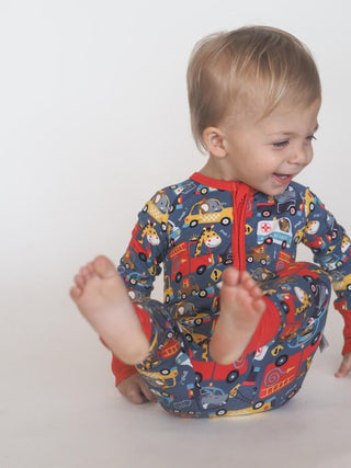 Bamboo Convertible Footie Romper - Emergency (Ambulances, Fire Engines & Cars) Toast + Jams