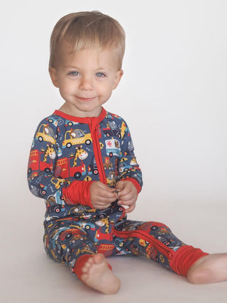 Bamboo Convertible Footie Romper - Emergency (Ambulances, Fire Engines & Cars) Toast + Jams