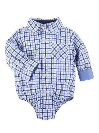 Boy's Long Sleeve Oxford Bodysuit - Blue Open Check Baby One-Pieces