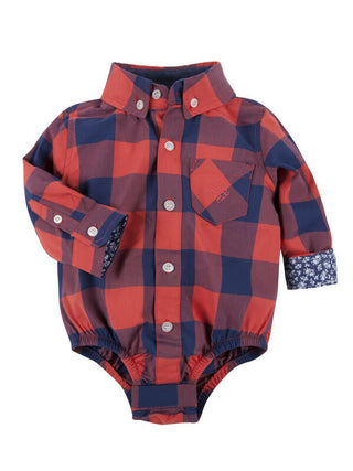 Boy's Long Sleeve Oxford Bodysuit - Red Buffalo Check Baby One-Pieces