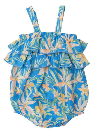 Girl's Ruffle Bubble Romper - Blue Island Floral Baby One-Pieces