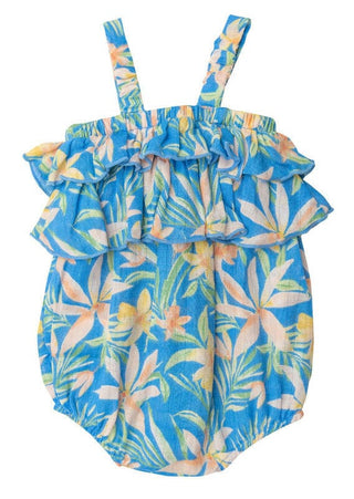 Girl's Ruffle Bubble Romper - Blue Island Floral Baby One-Pieces