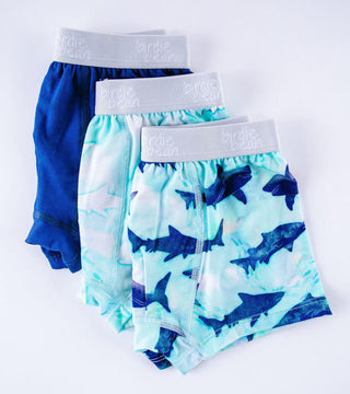 Boy's Bamboo Boxer Brief Set - Wade (Blue Tie Dye Ocean & Sharks) Toddler Underwear