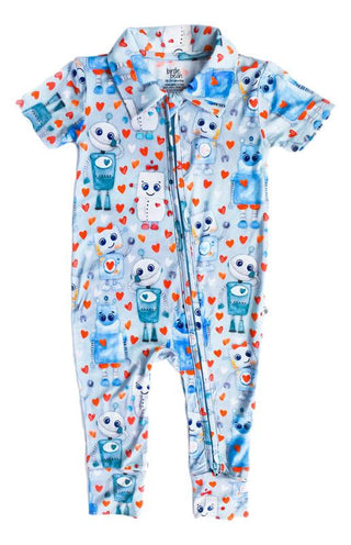 Boy's Short Sleeve Collared Zipper Romper - Roberto (Robots) Baby One-Pieces