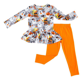 Girl's Bamboo Long Sleeve Peplum Top and Leggings Outfit Set - Freddy (Ghosts) Baby & Toddler Outfits