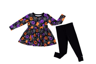 Girl's Bamboo Long Sleeve Peplum Top and Leggings Outfit Set - Gomez (Spider Webs on Graffiti) Glow-in-the-Dark Baby & Toddler Outfits