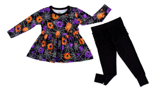 Girl's Bamboo Long Sleeve Peplum Top and Leggings Outfit Set - Gomez (Spider Webs on Graffiti) Glow-in-the-Dark Baby & Toddler Outfits