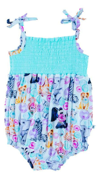 Girl's Smocked Bubble Romper - Zoe (Animals and Bubblegum) Baby One-Pieces