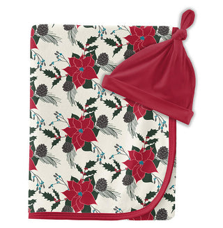 Baby Girls Print Swaddling Blanket and Knot Hat Set - Christmas Floral with Crimson Swaddling Blankets