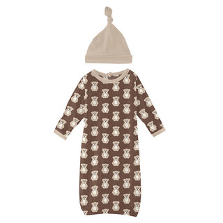 Boy's Print Layette Gown & Single Knot Hat Set - Cocoa Teddy Bear Baby & Toddler Sleepwear