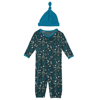 Boy's Print Layette Gown Converter & Single Knot Hat Set - Pine Music Class Baby & Toddler Sleepwear