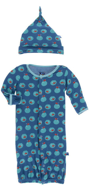 Boy's Print Layette Gown Converter & Single Knot Hat Set - Twilight Fishbowl Baby & Toddler Sleepwear