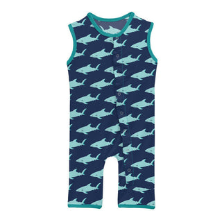 Boy's Print Tank Romper - Flag Blue Sharky Baby One-Pieces