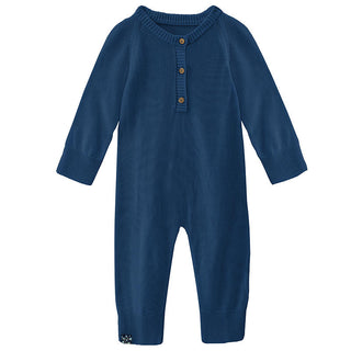 Boy's Solid Knitted Henley Romper - Navy Baby One-Pieces