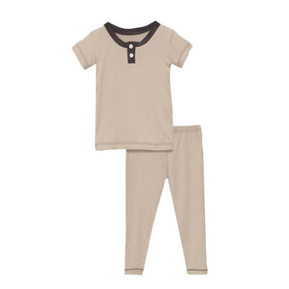 KicKee Pants Boys Solid Short Sleeve Henley Pajama Set - Burlap with Midnight TBD22 | Stylish Sleepies offer designs that make bedtime beautiful.