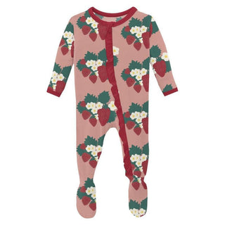 Girl's Print Bamboo Classic Ruffle Footie with Zipper - Blush Strawberry Farm Baby & Toddler Sleepwear