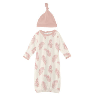 Girl's Print Layette Gown & Single Knot Hat Set - Natural Feathers Baby & Toddler Sleepwear