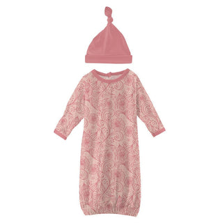 Girl's Print Layette Gown & Single Knot Hat Set - Peach Blossom Lace Baby & Toddler Sleepwear