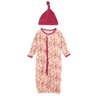 Girl's Print Ruffle Layette Gown Converter & Single Knot Hat Set - Peach Blossom Music Class Baby & Toddler Sleepwear