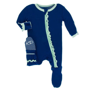 Girl's Solid Bamboo Muffin Ruffle Footie with Zipper - Flag Blue with Pistachio Baby & Toddler Sleepwear