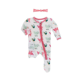 KicKee Pants Print Classic Ruffle Footie with Zipper & Bow Headband Gift Set - Natural Farm Animals & Strawberry Baby & Toddler Sleepwear