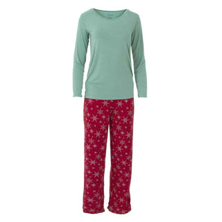 Women's Long Sleeve Loosey Goosey Tee & Pant Pajama Set - Crimson Snowflakes Pajamas