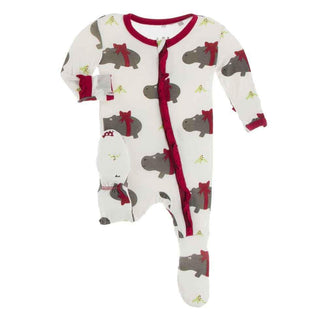 Print Classic Ruffle Footie with Zipper - Natural Christmas Hippo Baby & Toddler Sleepwear