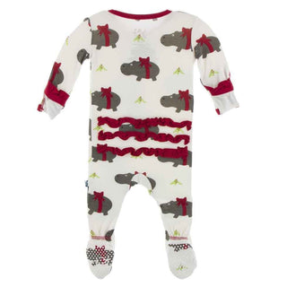 Print Classic Ruffle Footie with Zipper - Natural Christmas Hippo Baby & Toddler Sleepwear