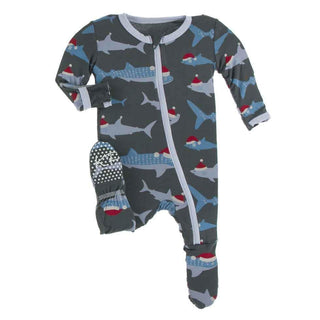 Print Footie with Zipper - Pewter Santa Sharks Baby & Toddler Sleepwear