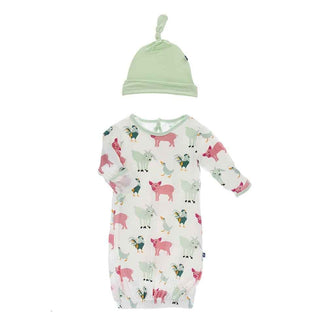 Print Gown & Single Knot Hat Set - Natural Farm Animals Baby & Toddler Sleepwear