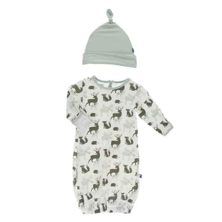 Print Gown & Single Knot Hat Set - Natural Forest Animals Baby & Toddler Sleepwear