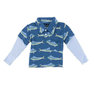 Print Long Sleeve Double Layer Polo Shirt, Twilight Dolphin Fish Baby & Toddler Tops