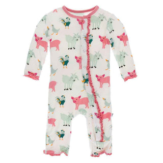 Print Muffin Ruffle Coverall with Snaps - Natural Farm Animals Baby & Toddler Sleepwear