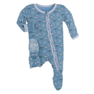 Print Muffin Ruffle Footie with Zipper - Blue Moon Hanukkah Baby & Toddler Sleepwear