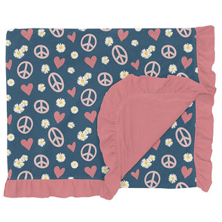 Print Ruffle Double Layer Throw Blanket - Peace, Love and Happiness Swaddling & Receiving Blankets