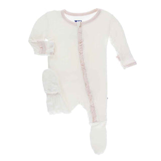 Solid Classic Ruffle Footie with Zipper - Natural with Macaroon Baby & Toddler Sleepwear