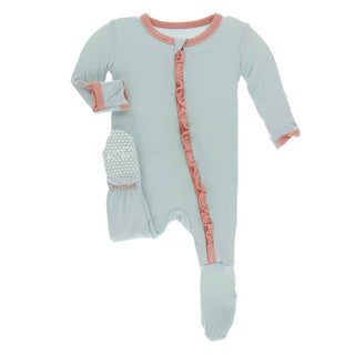 Solid Classic Ruffle Footie with Zipper - Spring Sky with Blush Baby & Toddler Sleepwear