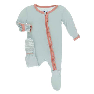 Solid Muffin Ruffle Footie with Zipper - Spring Sky with Blush Baby & Toddler Sleepwear