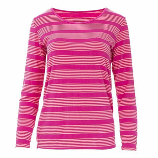 Women's Solid Long Sleeve Loosey Goosey Tee, Calypso Agriculture Stripe Shirts & Tops