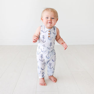 Boy's Henley Racerback Romper - Anchors Away (Boat Anchors) Baby One-Pieces