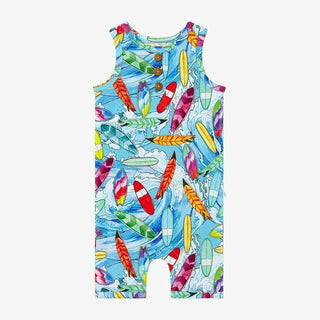 Boy's Bamboo Henley Racerback Short Length Romper - Wave (Surfboards) Baby One-Pieces