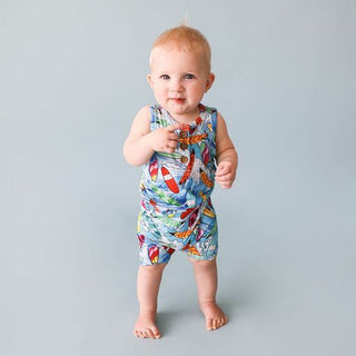 Boy's Bamboo Henley Racerback Short Length Romper - Wave (Surfboards) Baby One-Pieces