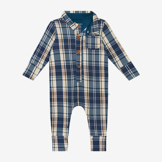 Boy's Long Sleeve Collared Henley Romper - Joseph (Plaid) Baby One-Pieces